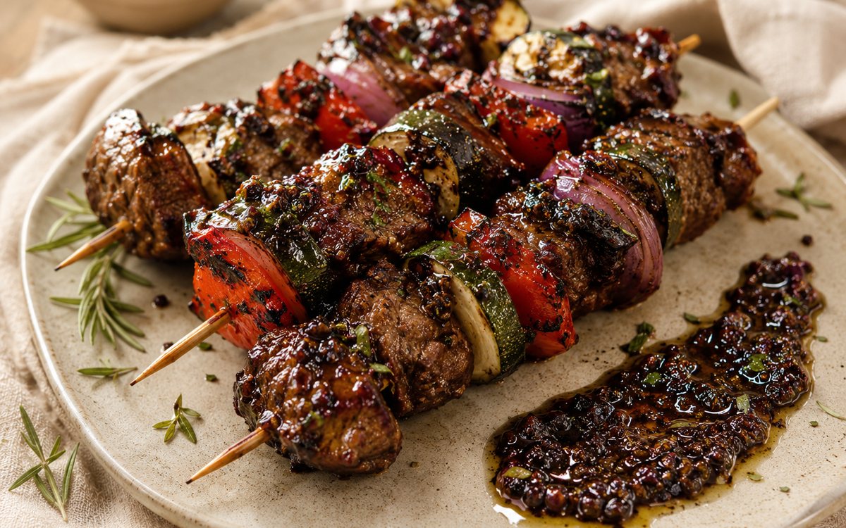 Brochetas de carne y vegetales glaseadas con Mermelada de Aceitunas Negras