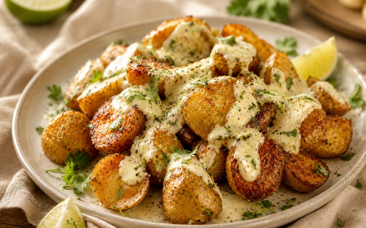Papas al horno doradas bañadas con Alioli Cítrico