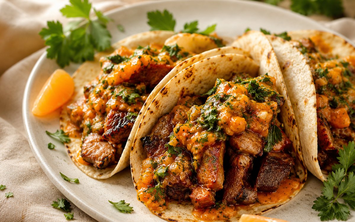 Tacos coronados con Chimichurri Mandarino y cilantro